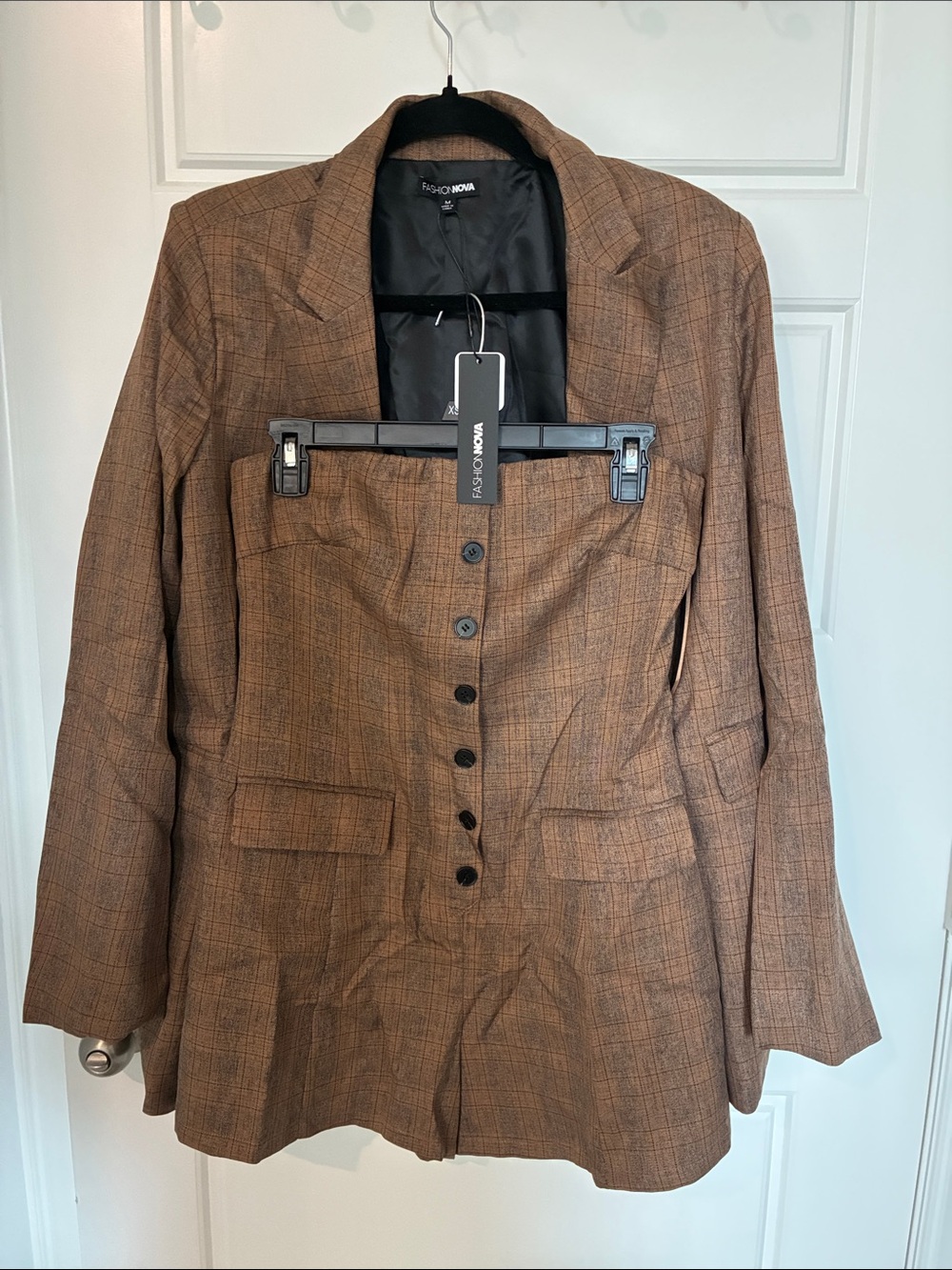 Fashion Nova Brown Plaid Romper with Blazer Detail